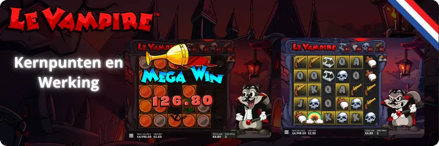 Le Vampire Demo slotschermen met MEGA WIN en tekst Kernpunten en Werking op een kasteelachtergrond