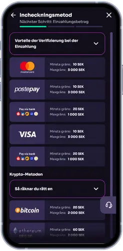 Välj insättningsmetod i kassan innan du spelar Le Vampire med kronor